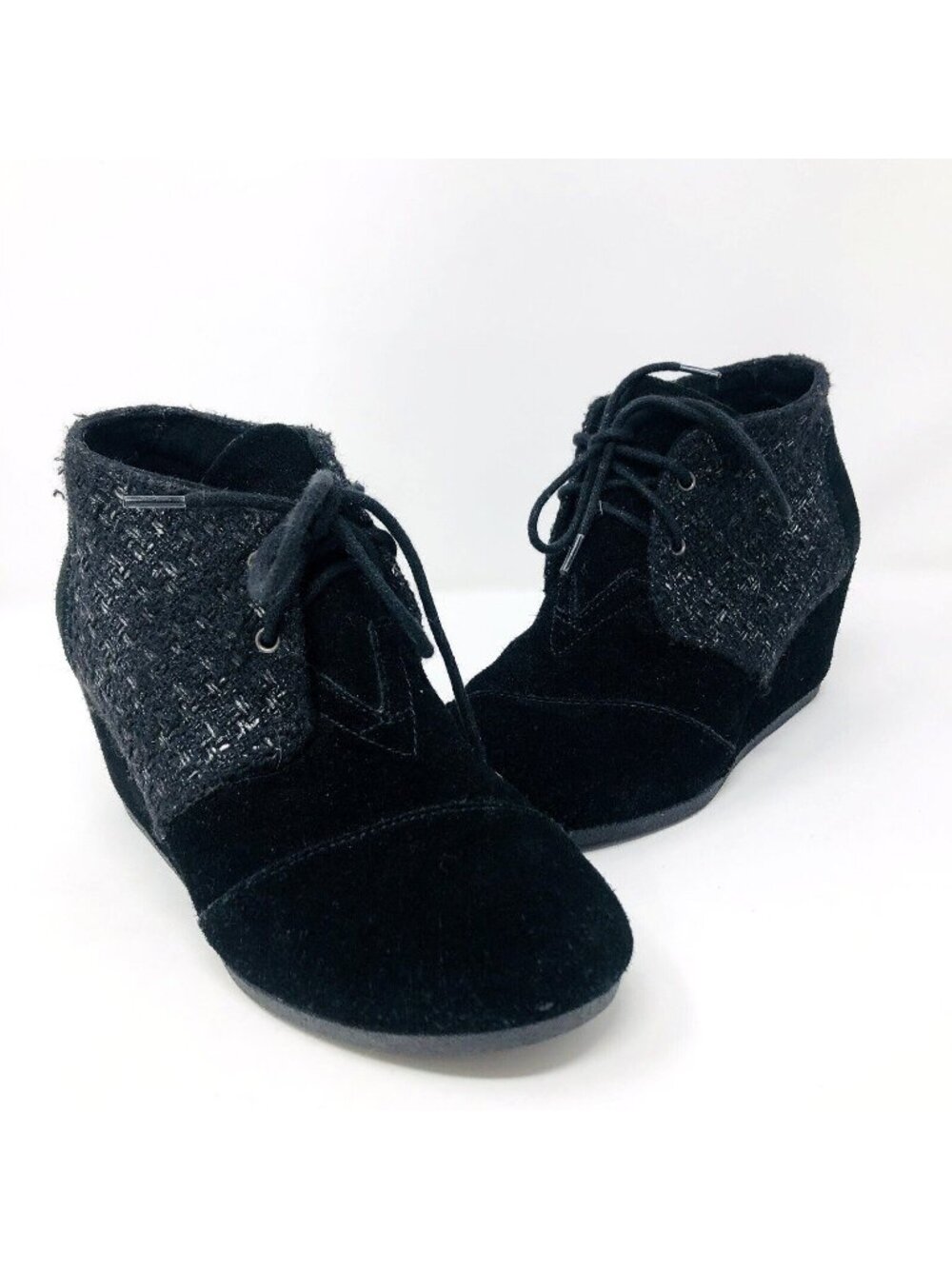 TOMS Boots Women 7 Kala Black Suede Desert Wedge Heel Ankle Bootie Tweed Lace Up